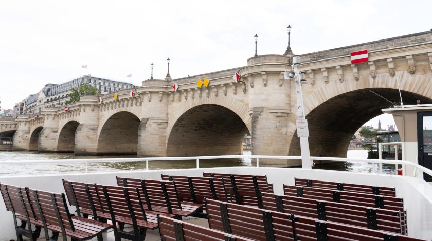 View of the Pont Neuf from a Seine river cruise in Paris