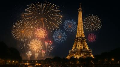 Bastille Day fireworks in Paris seen from a Seine dinner cruise with the illuminated Eiffel Tower